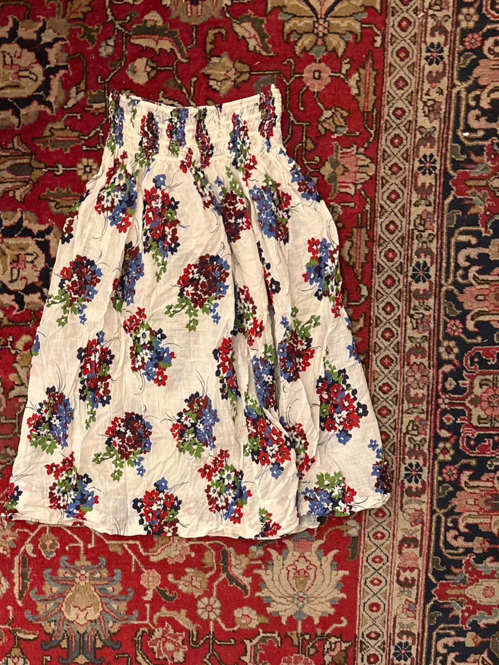 THE GREAT. Viola skirt White Midi Skirt with Red, Blue & Green Floral Print - Picture 3 of 4